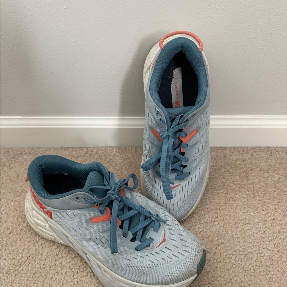 Hoka Light Gray and Teal Running Shoes with Coral Highlights